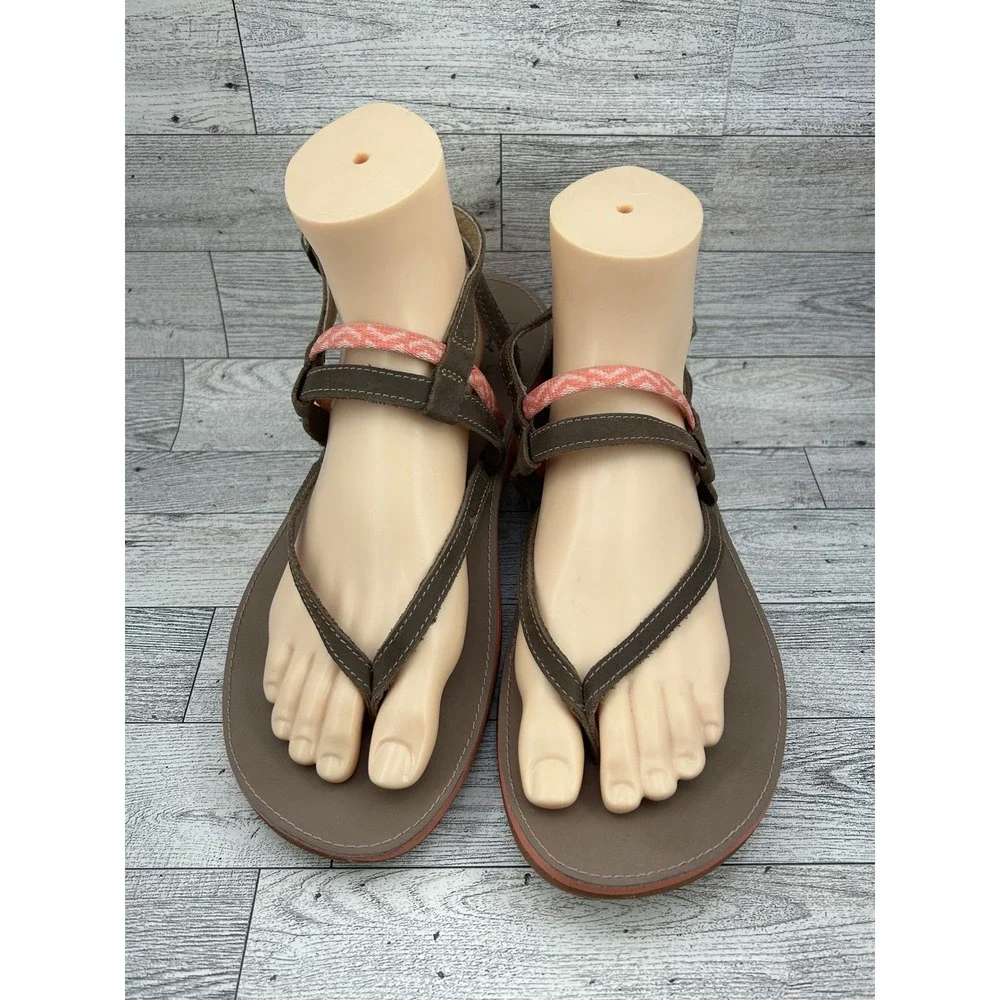 Chaco Women Leather Strappy Thong Sandals Brown Coral Size 10‎ LUVSEAT Footbed
